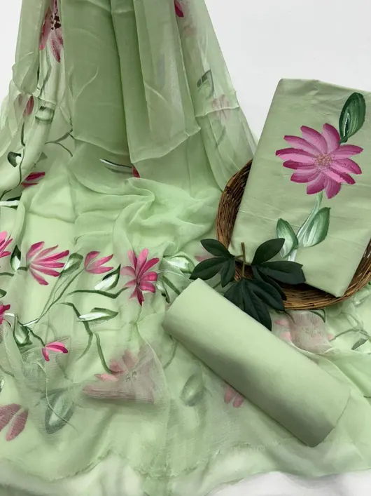 Hand-Painted Cotton Suit Set with Flowing Chiffon Dupatta